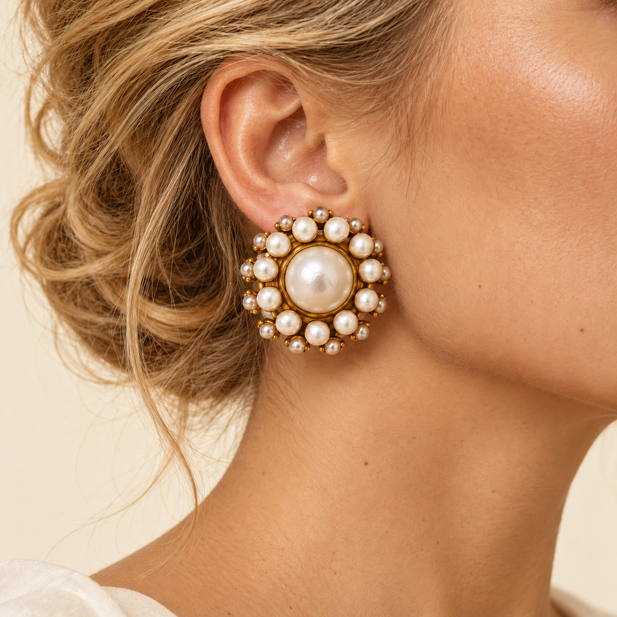 Vintage Pearl Medallion Clip-On Earrings
