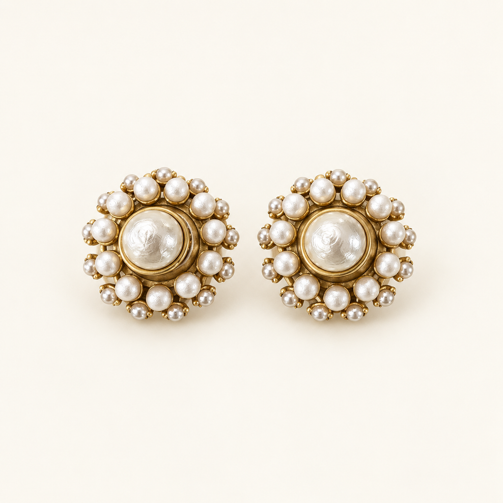 Vintage Pearl Medallion Clip-On Earrings