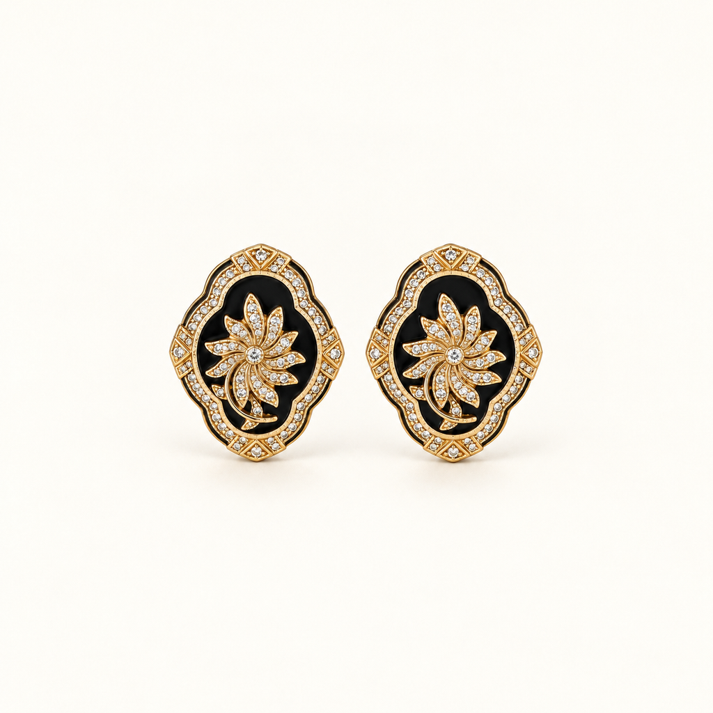 Vintage Black Enamel Floral Statement Earrings
