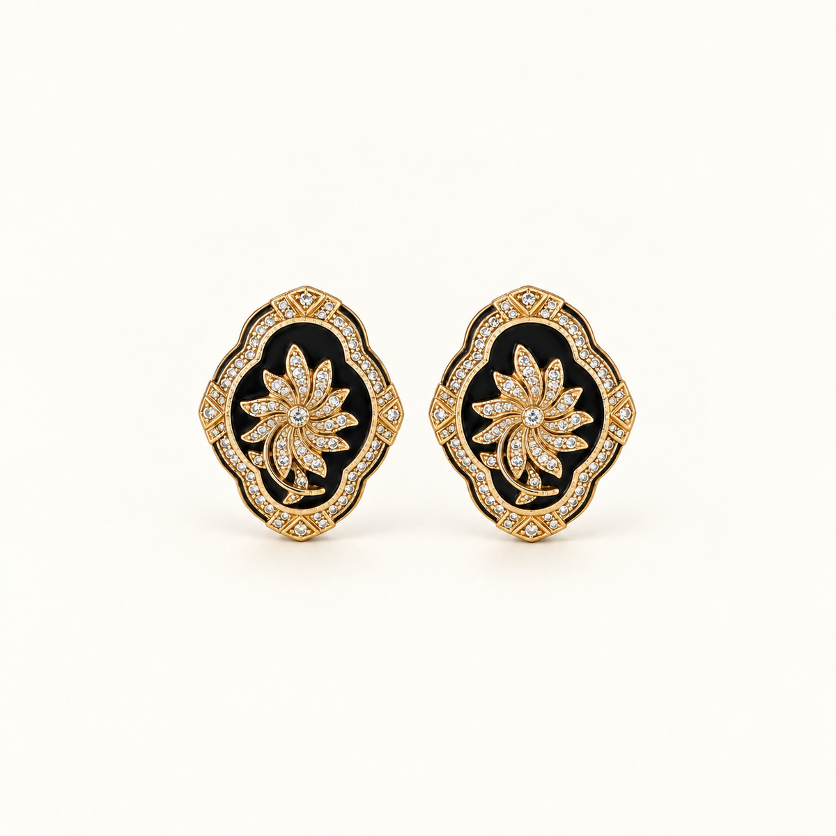 Vintage Black Enamel Floral Statement Earrings