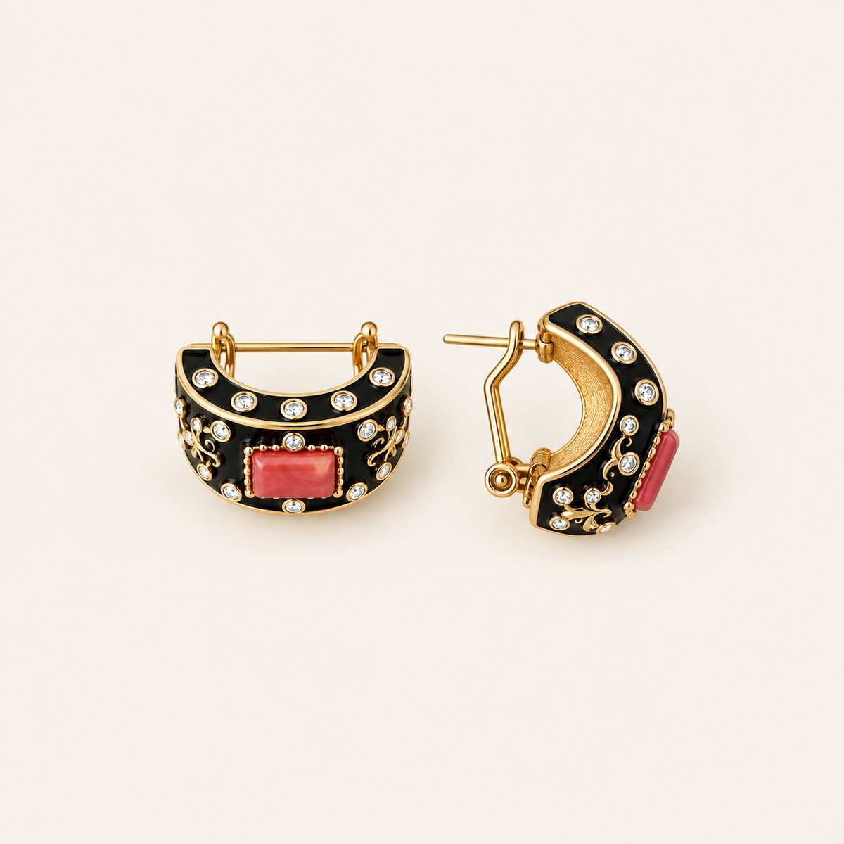 Vintage Black Enamel Red Glass Hoop Earrings