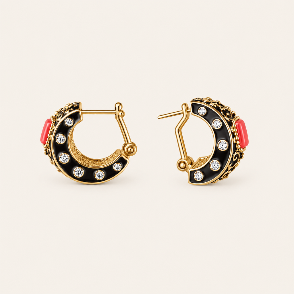 Vintage Black Enamel Red Glass Hoop Earrings