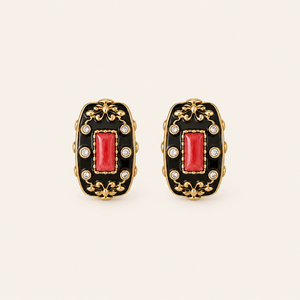 Vintage Black Enamel Red Glass Hoop Earrings