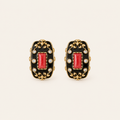 Vintage Black Enamel Red Glass Hoop Earrings