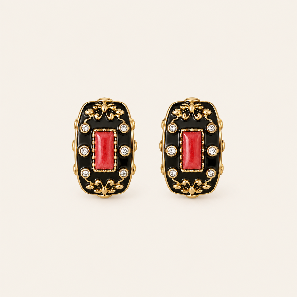 Vintage Black Enamel Red Glass Hoop Earrings