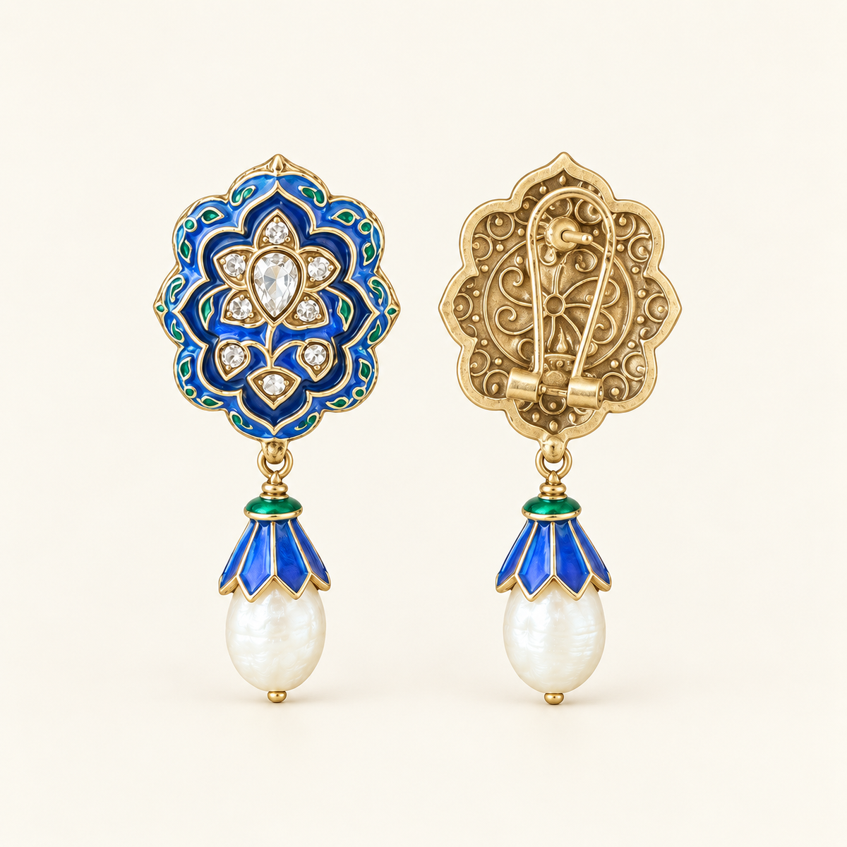 Vintage Blue Enamel Pearl Drop Earrings