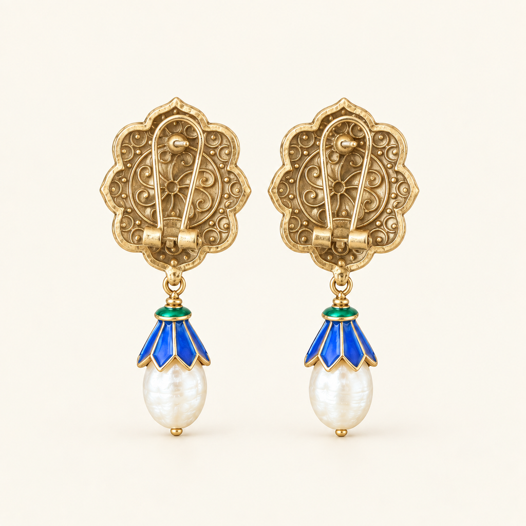 Vintage Blue Enamel Pearl Drop Earrings