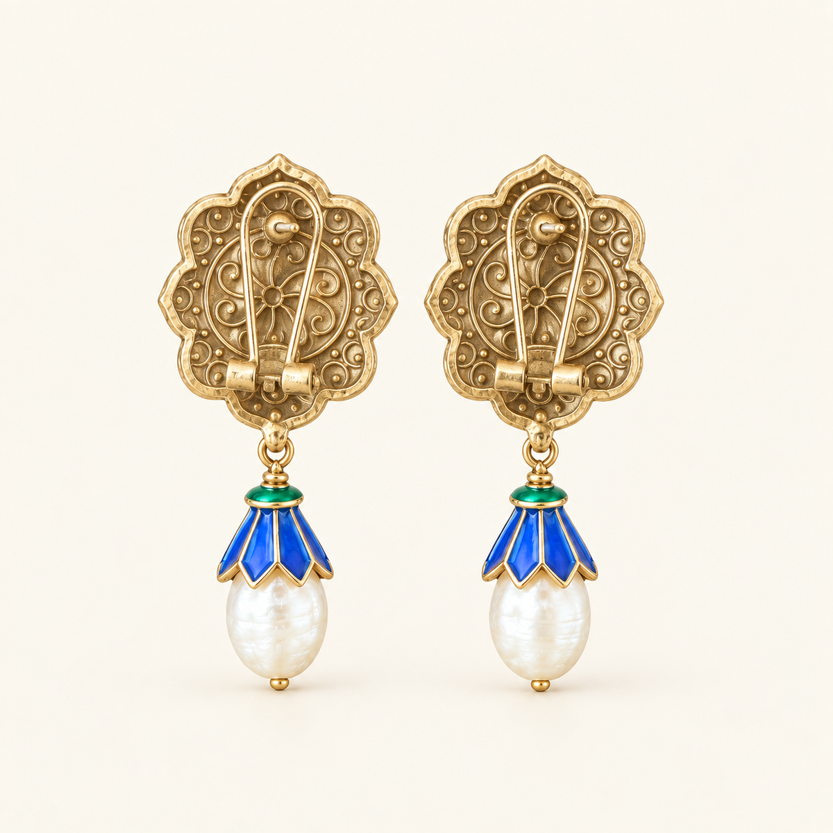 Vintage Blue Enamel Pearl Drop Earrings