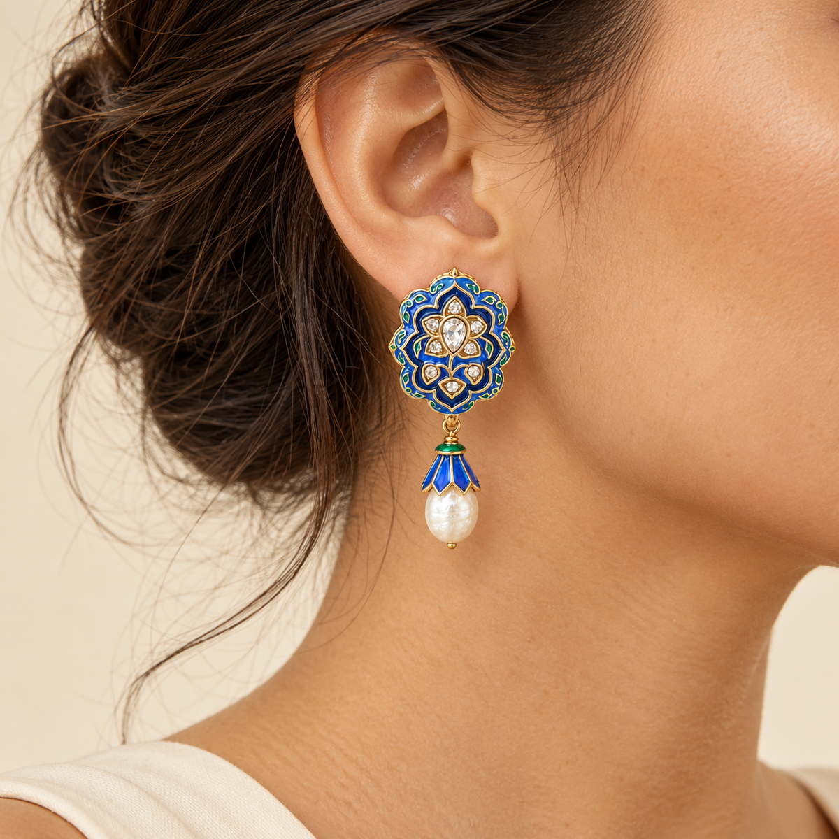 Vintage Blue Enamel Pearl Drop Earrings