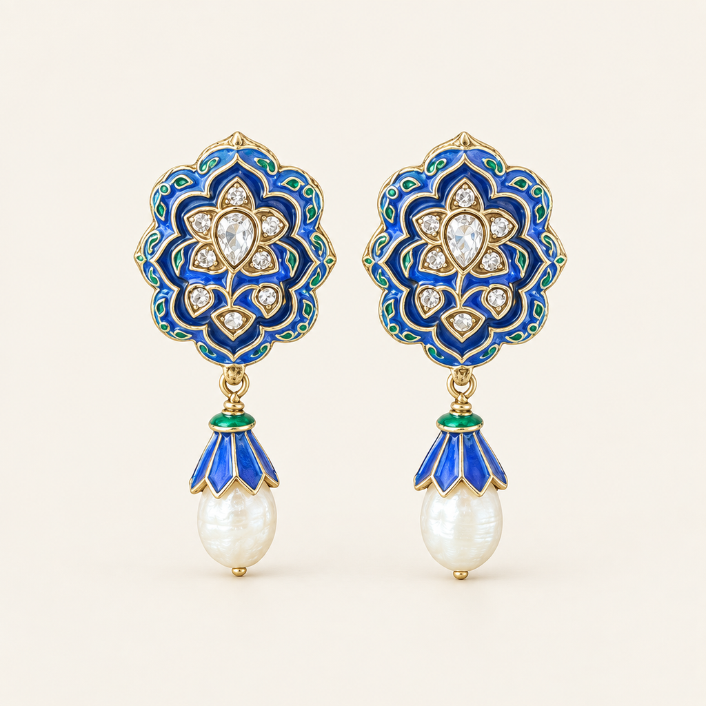 Vintage Blue Enamel Pearl Drop Earrings