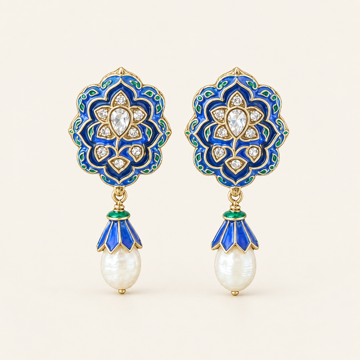 Vintage Blue Enamel Pearl Drop Earrings