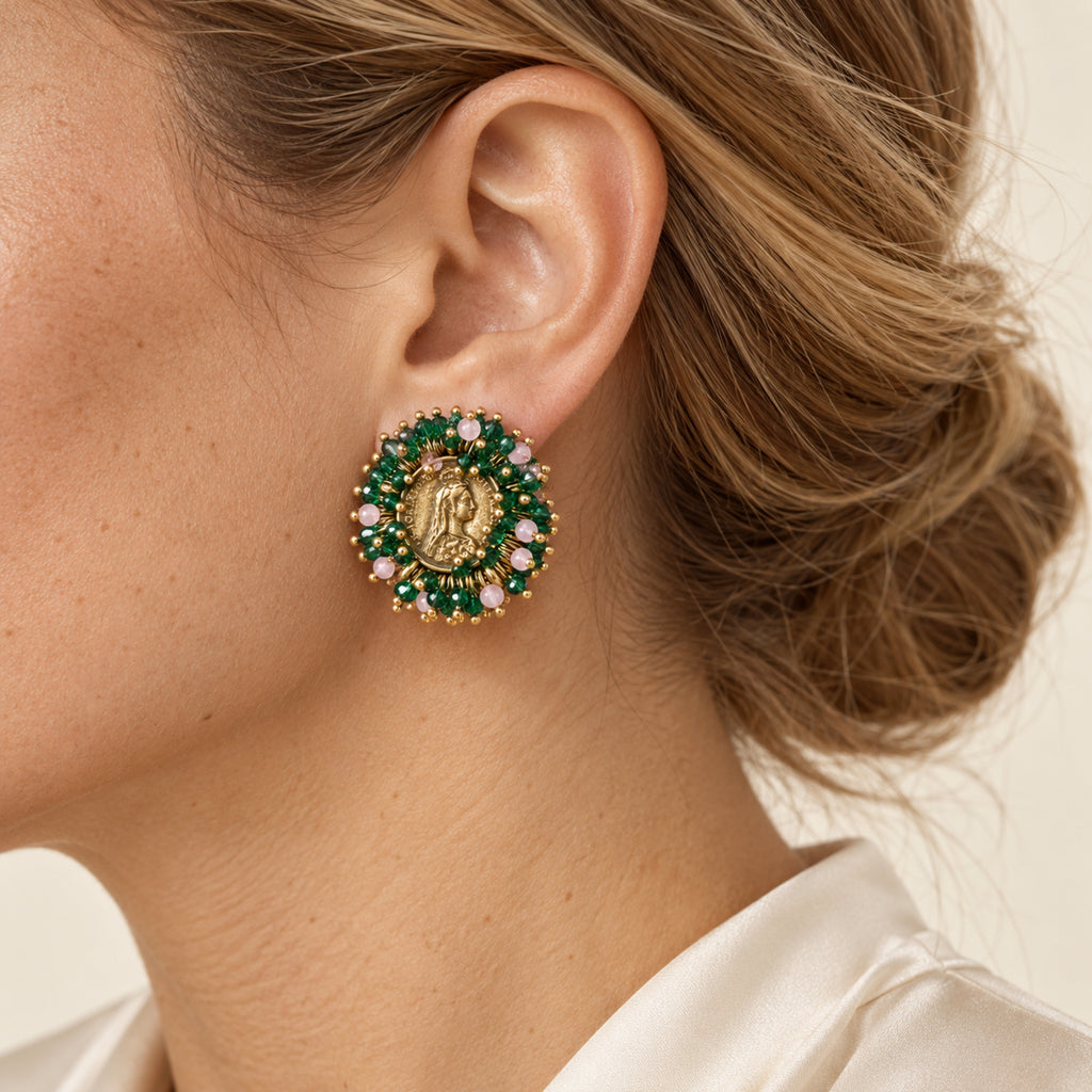 Vintage Coin Green & Pink Beaded Clip-On Earrings