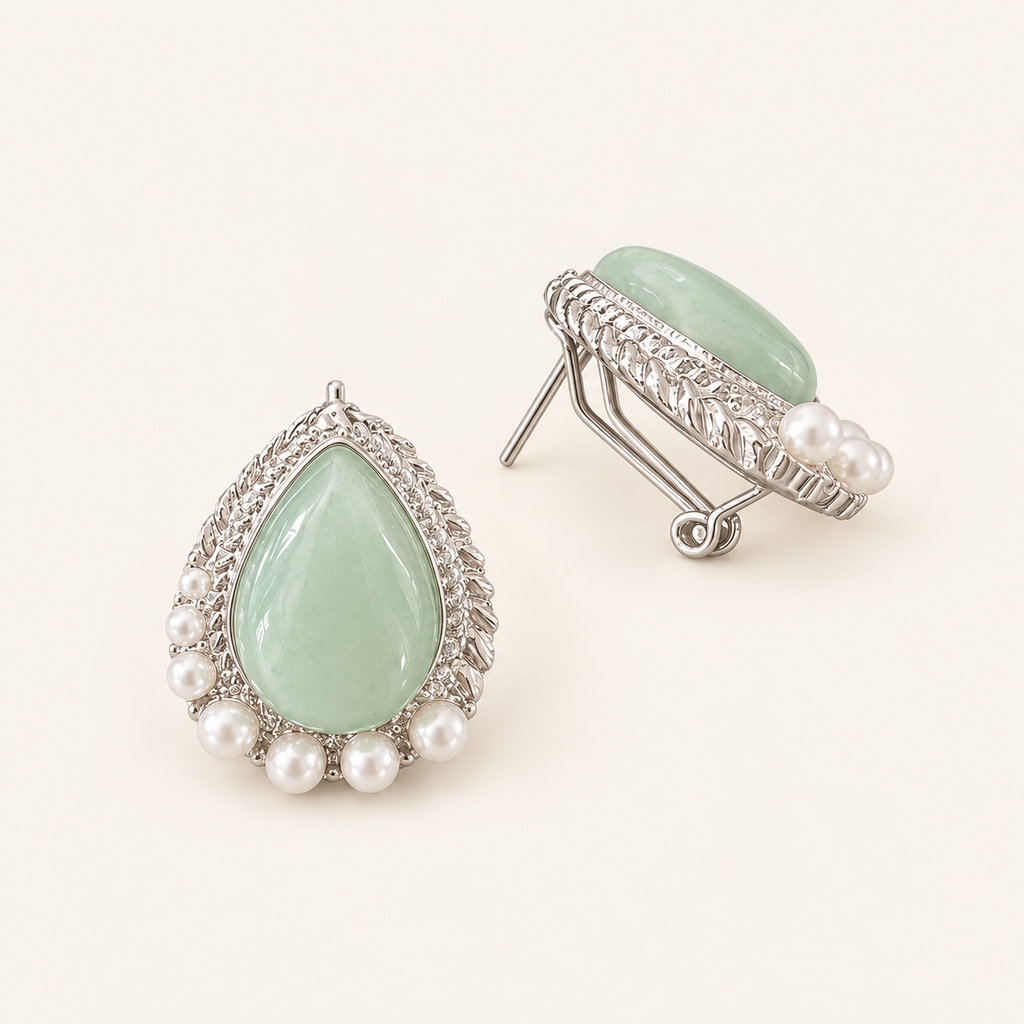 Vintage Jade Green Teardrop Pearl Clip-On Earrings