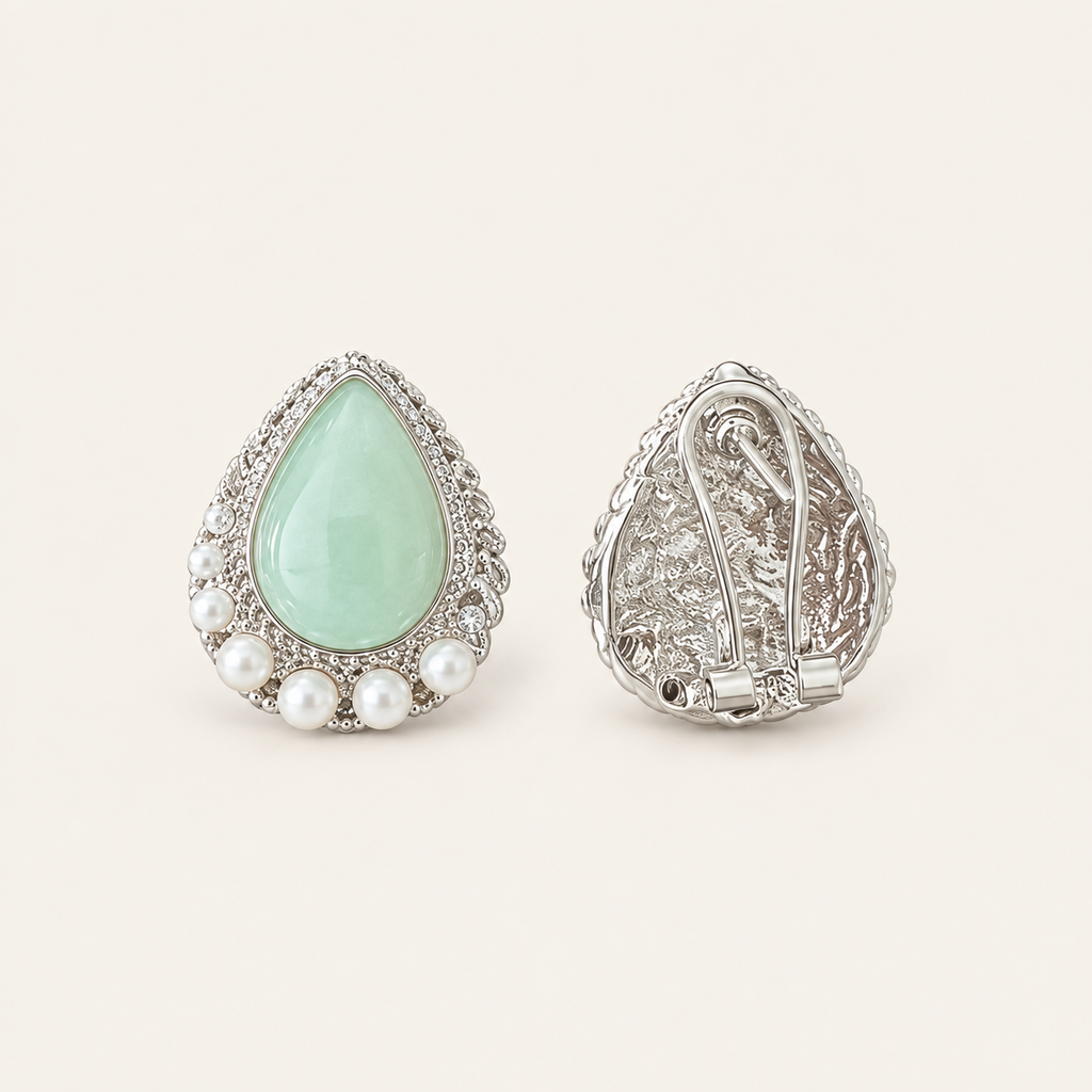 Vintage Jade Green Teardrop Pearl Clip-On Earrings