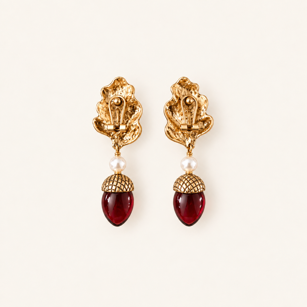 Vintage Red Glass Leaf Drop Earrings