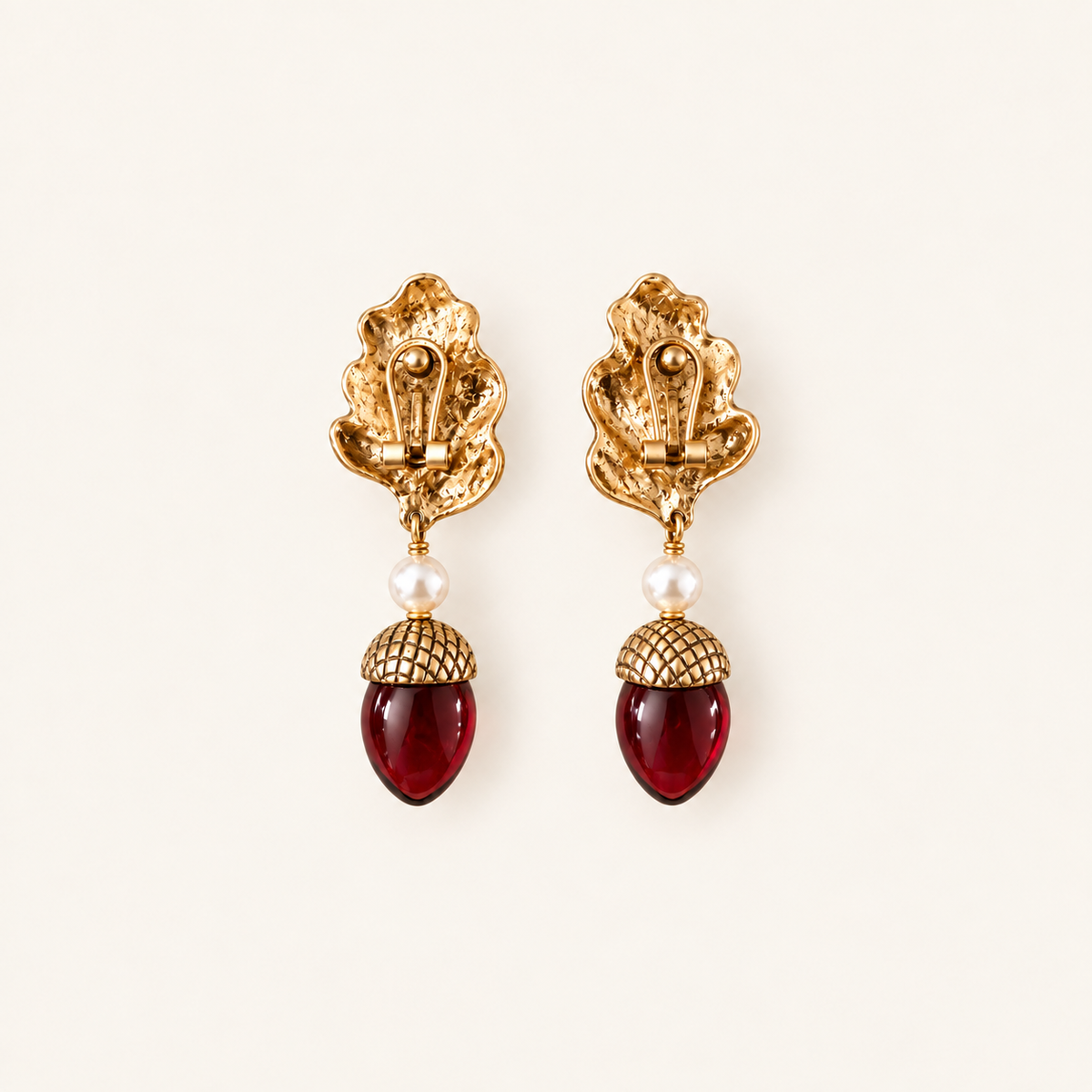 Vintage Red Glass Leaf Drop Earrings