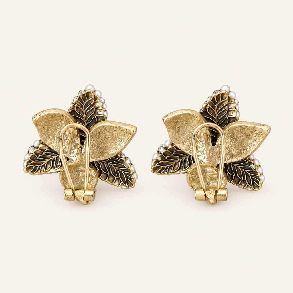 Vintage Agate Pearl Leaf Statement Earrings
