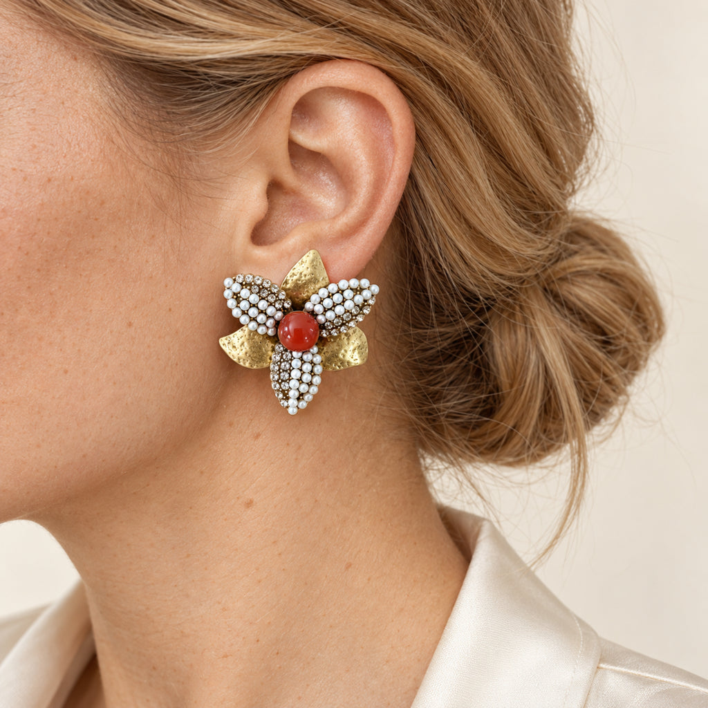 Vintage Agate Pearl Leaf Statement Earrings