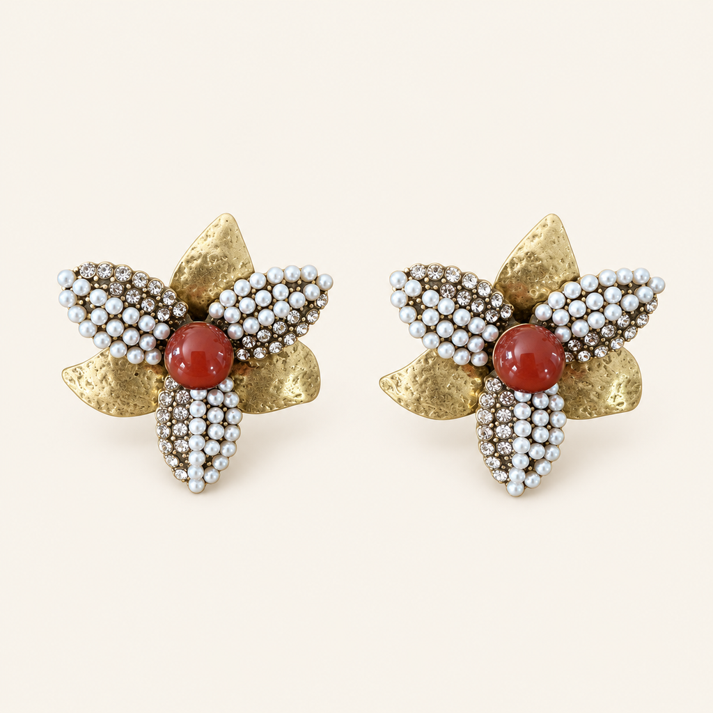 Vintage Agate Pearl Leaf Statement Earrings