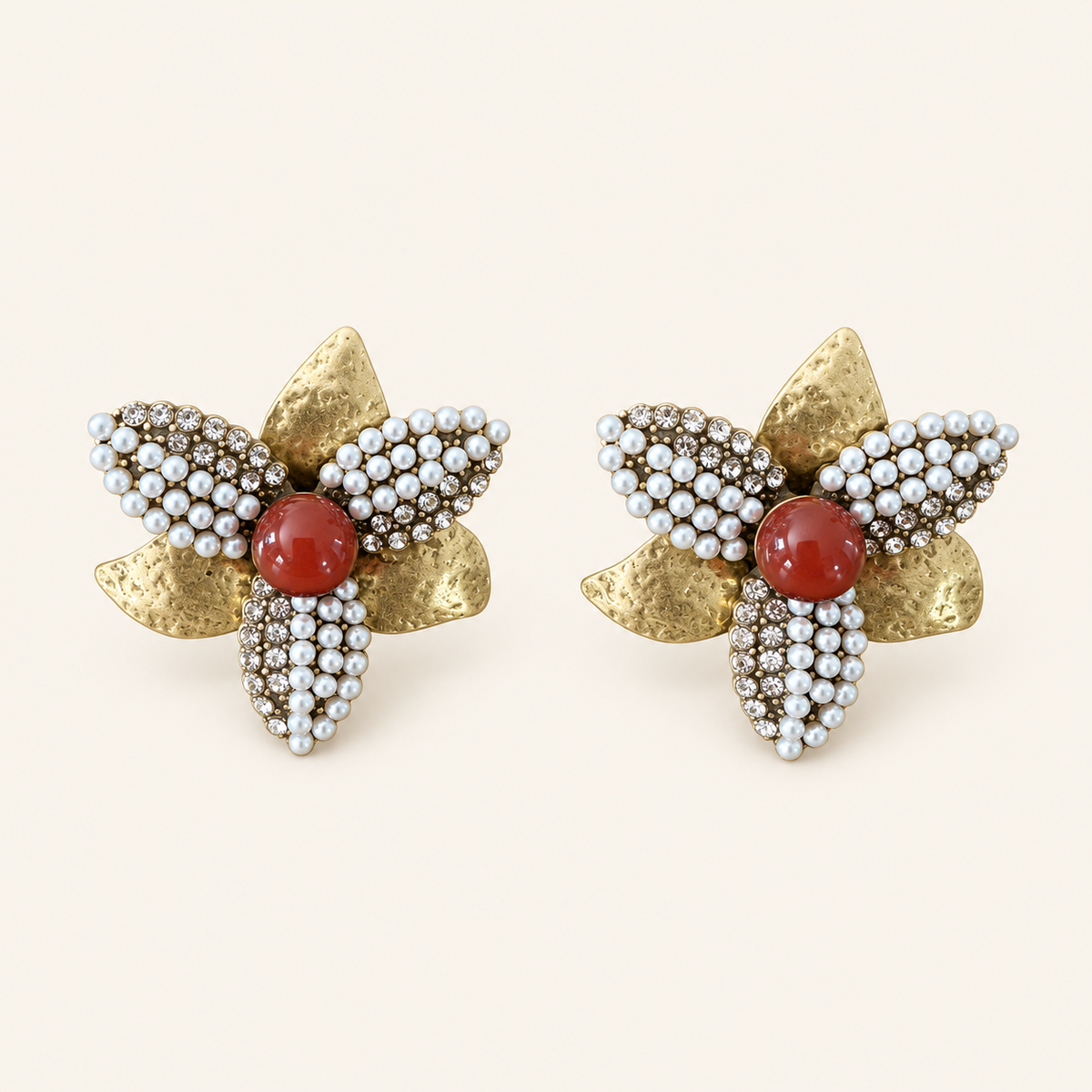 Vintage Agate Pearl Leaf Statement Earrings