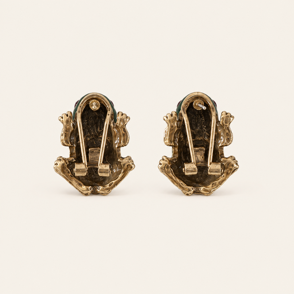 Vintage Green Enamel Frog Clip-On Earrings