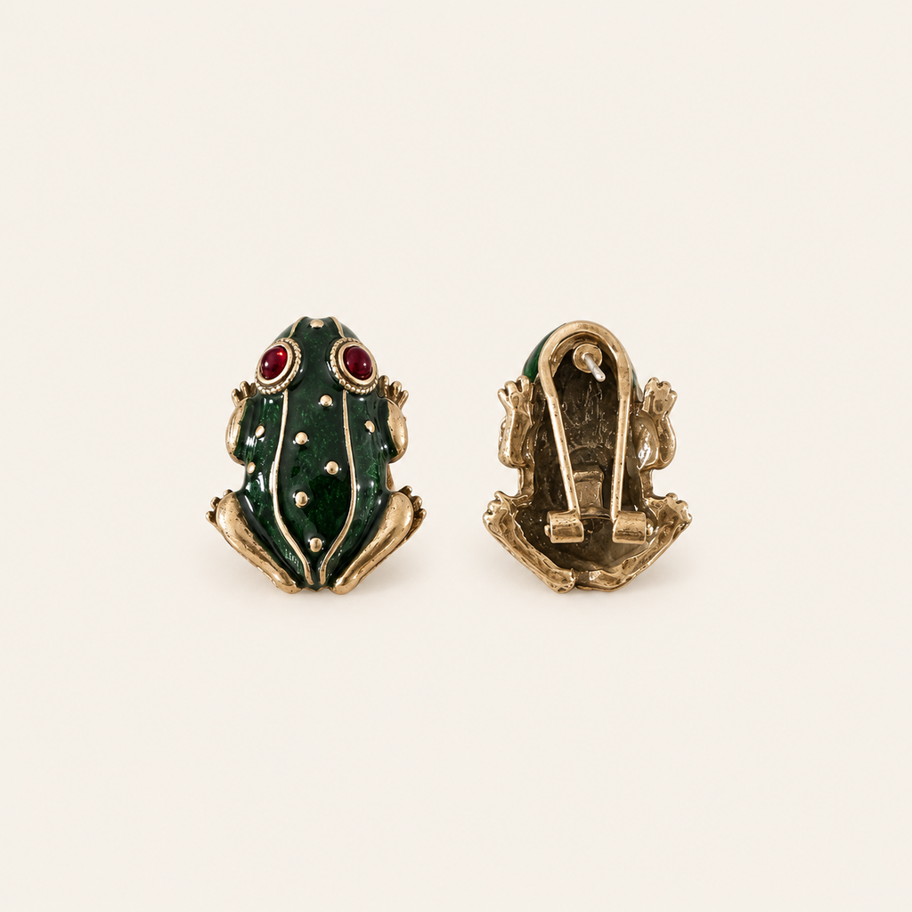 Vintage Green Enamel Frog Clip-On Earrings