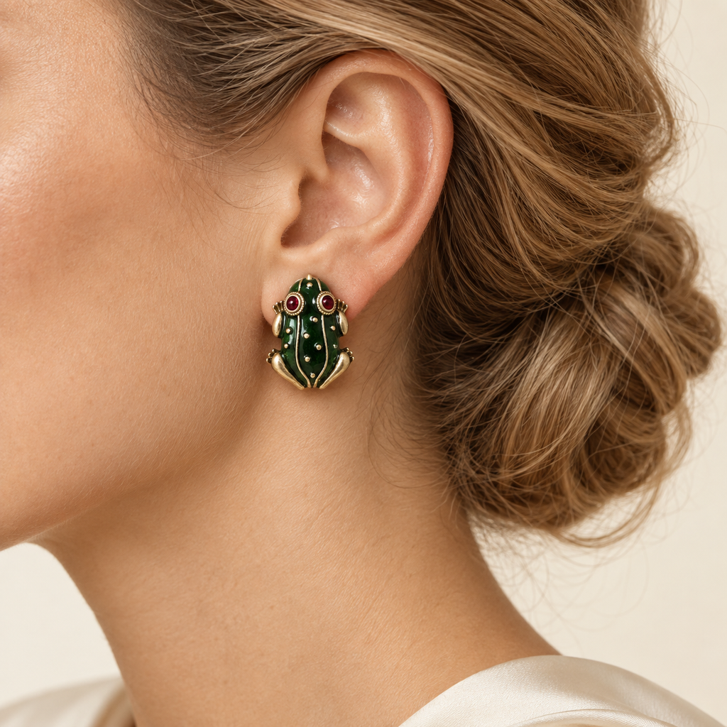 Vintage Green Enamel Frog Clip-On Earrings