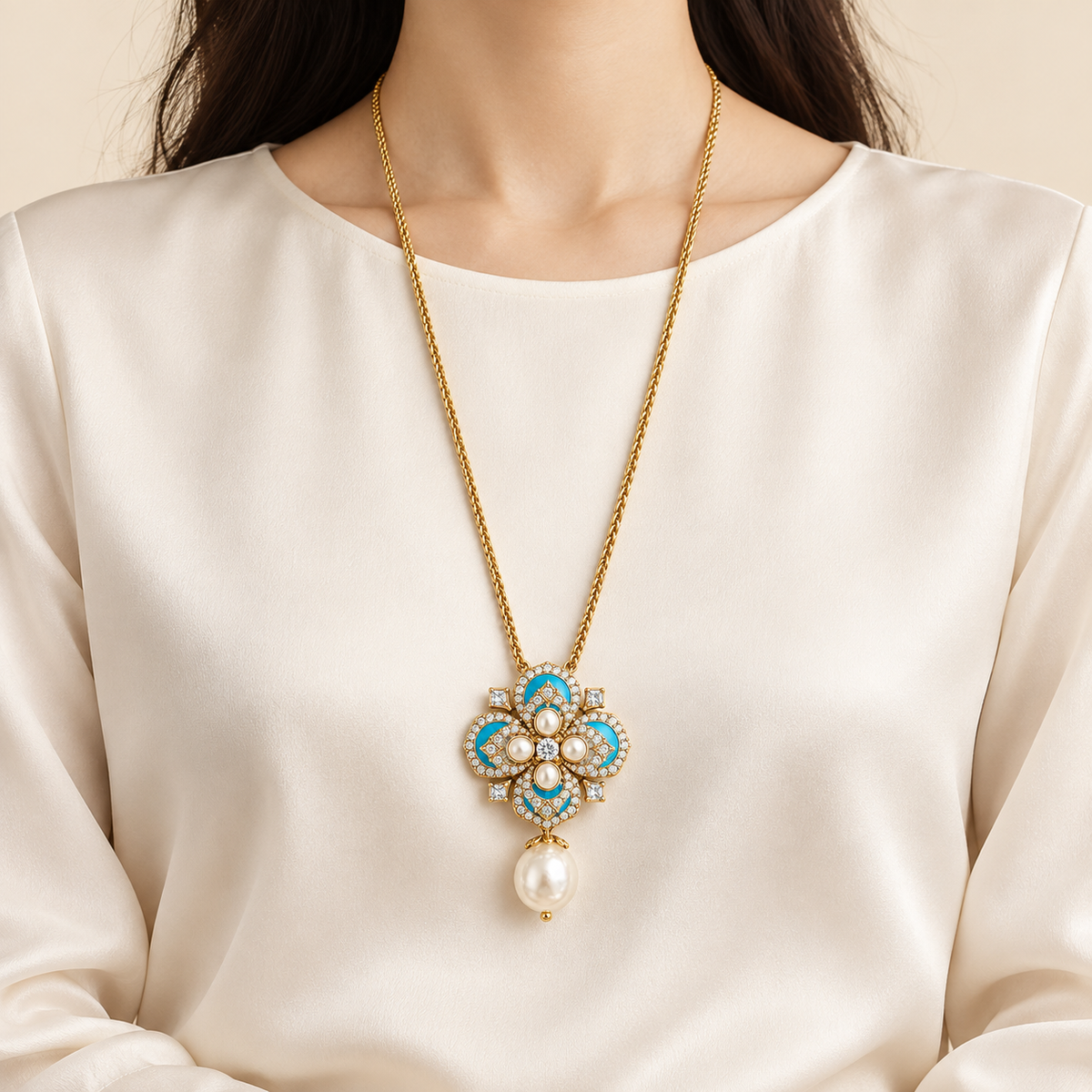 Azure Fleur Pearl-Style Pendant Necklace