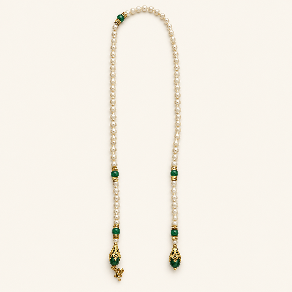 Green Bead & Pearl Lariat Necklace