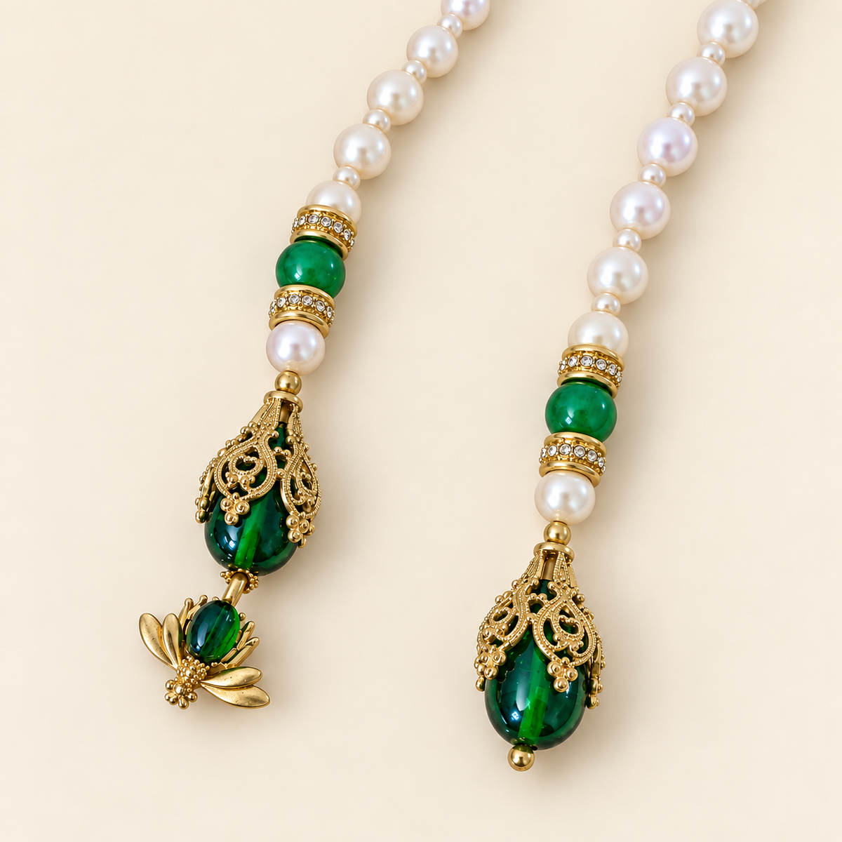 Green Bead & Pearl Lariat Necklace