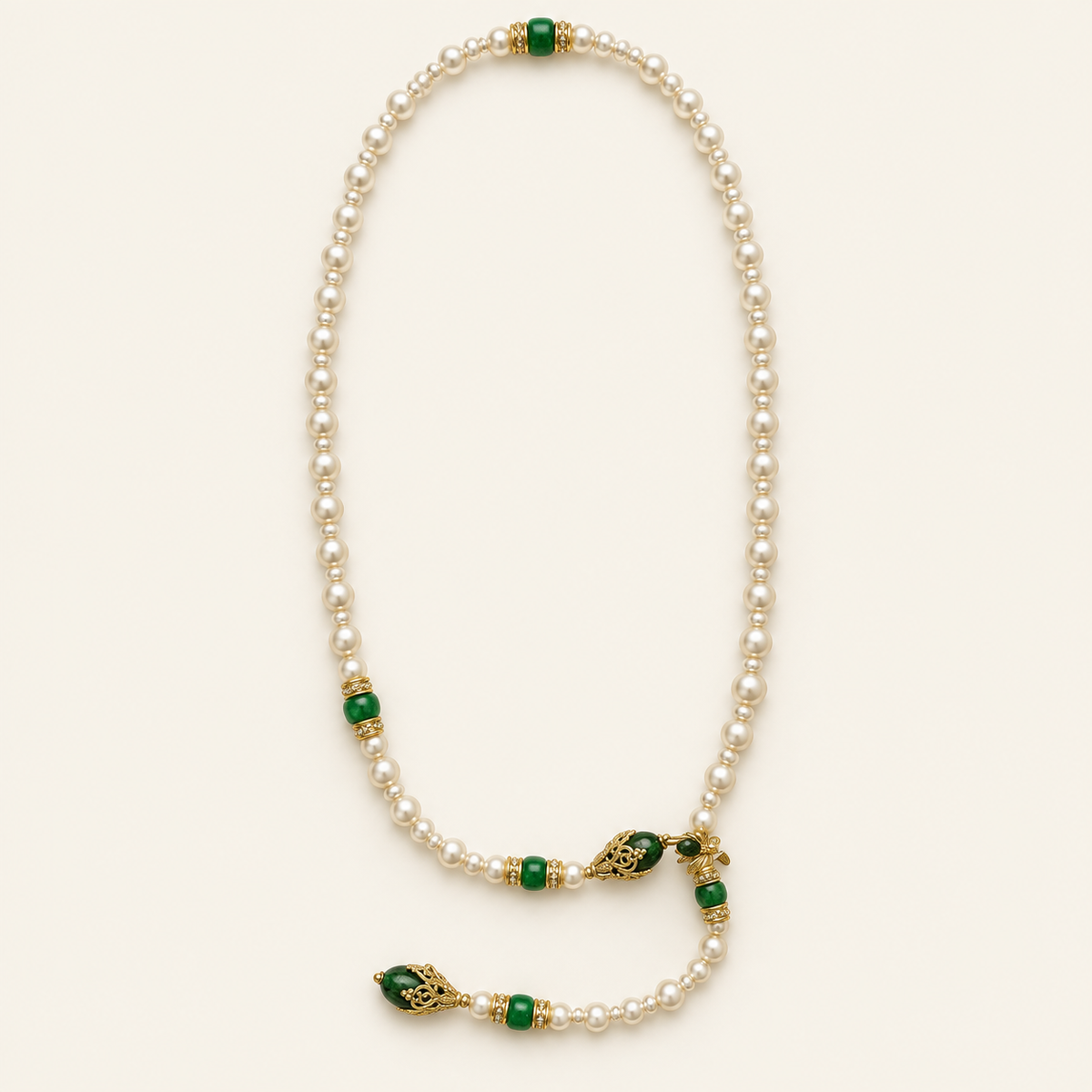 Green Bead & Pearl Lariat Necklace