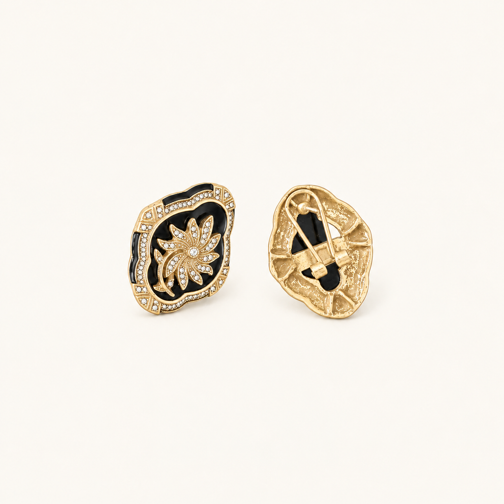 Vintage Black Enamel Floral Statement Earrings