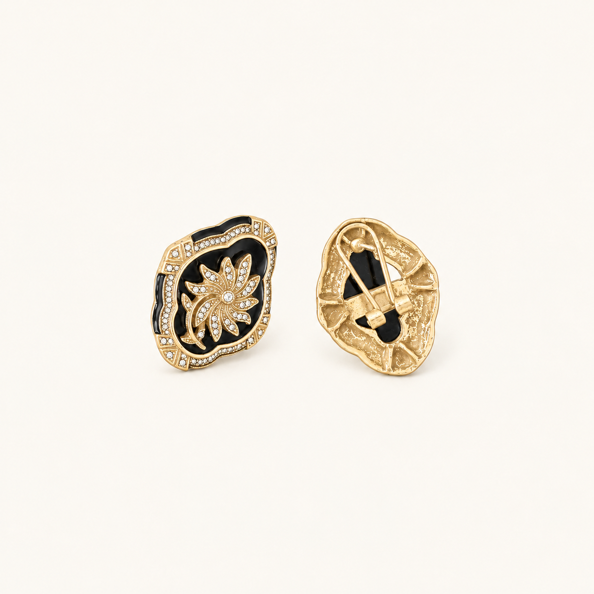 Vintage Black Enamel Floral Statement Earrings