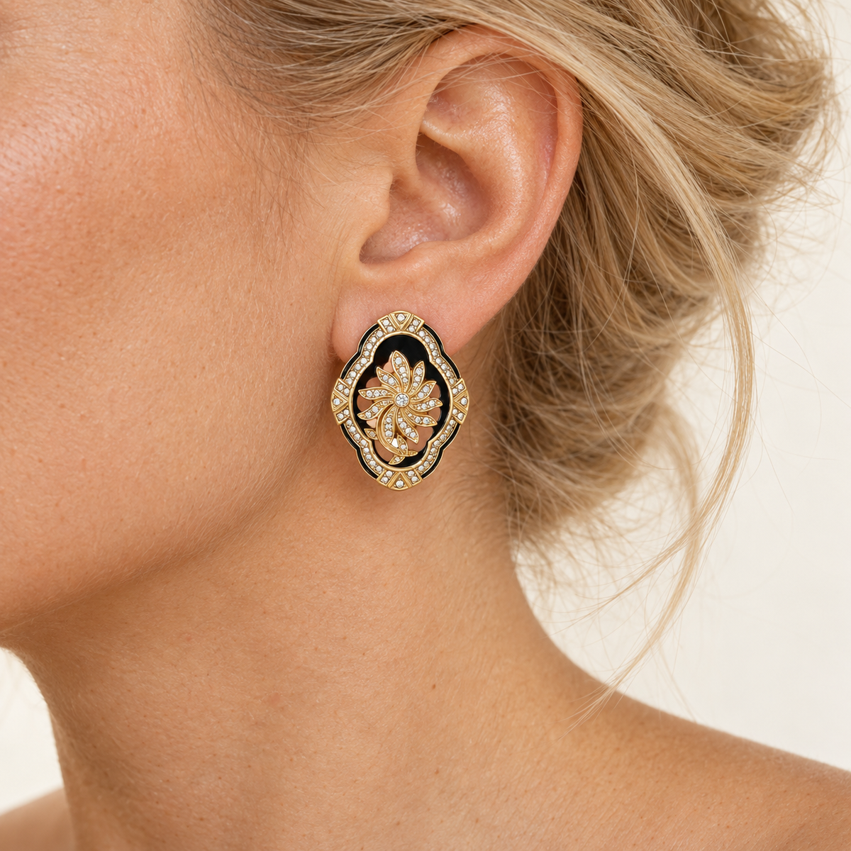 Vintage Black Enamel Floral Statement Earrings