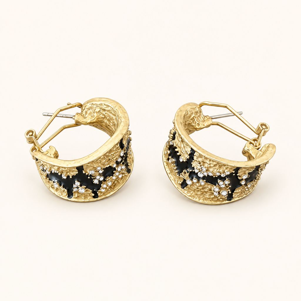 Vintage Black Enamel Textured Hoop Earrings