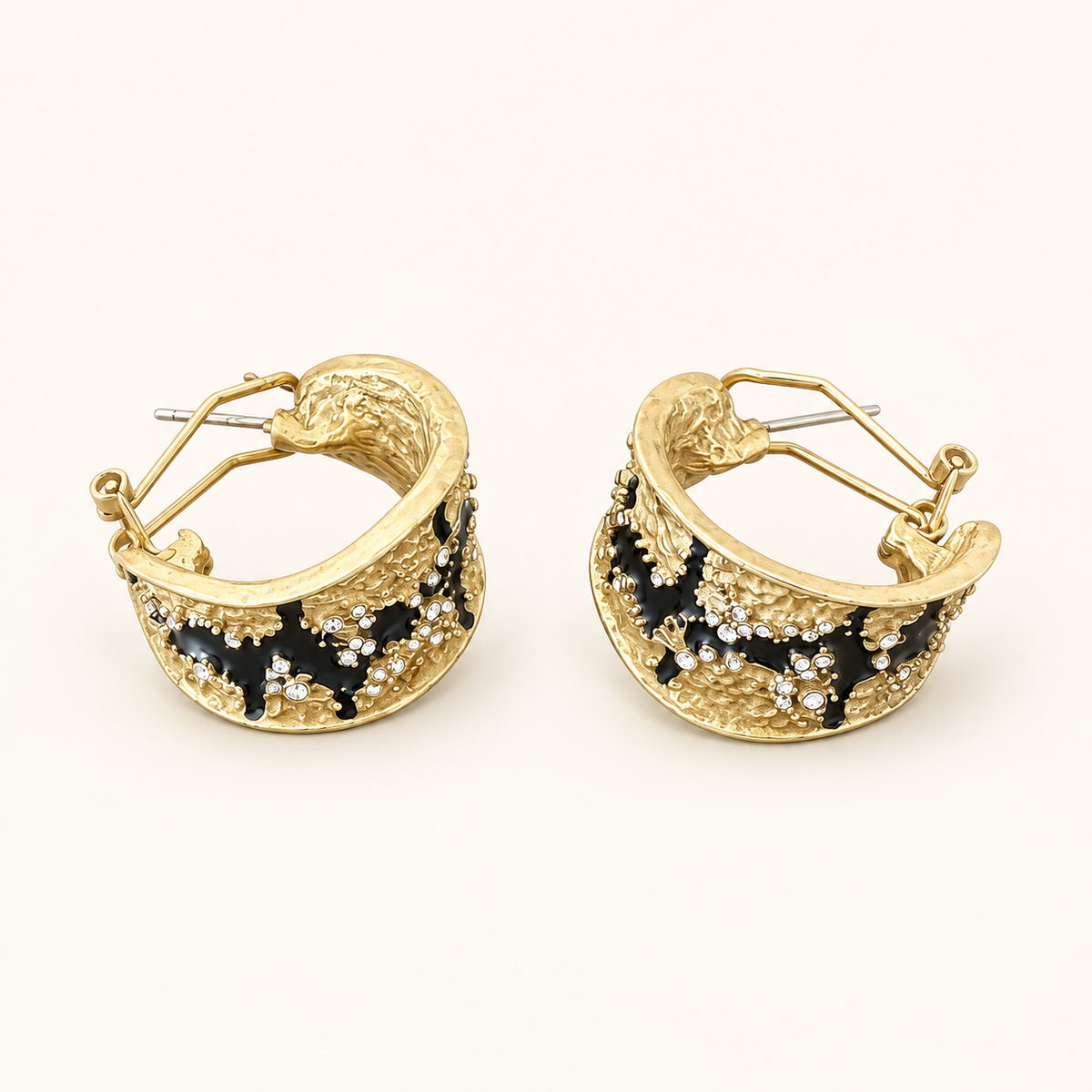 Vintage Black Enamel Textured Hoop Earrings