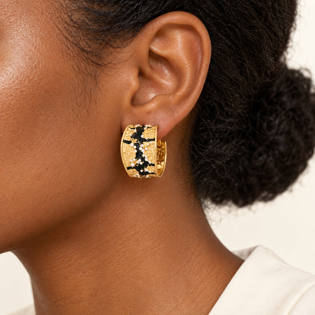 Vintage Black Enamel Textured Hoop Earrings