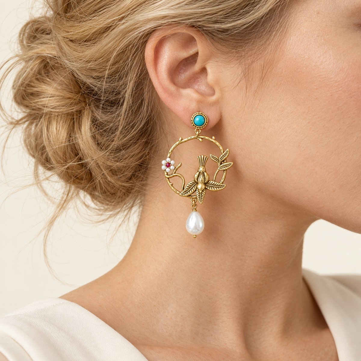 Vintage Bird Turquoise Pearl Hoop Drop Earrings