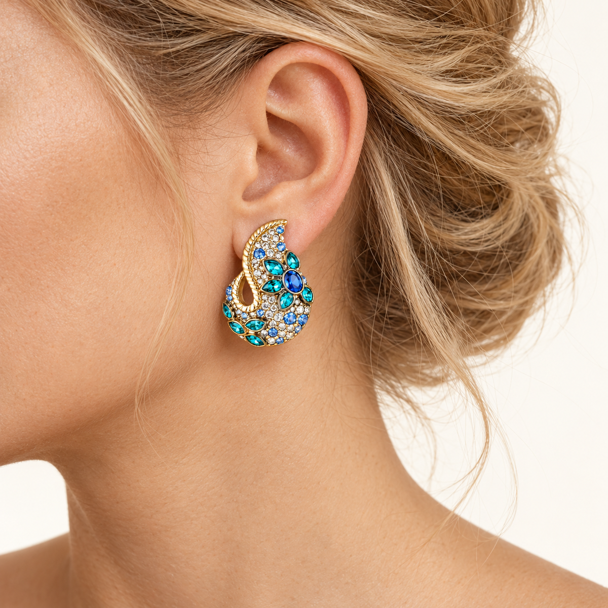 Vintage Blue Crystal Paisley Statement Earrings