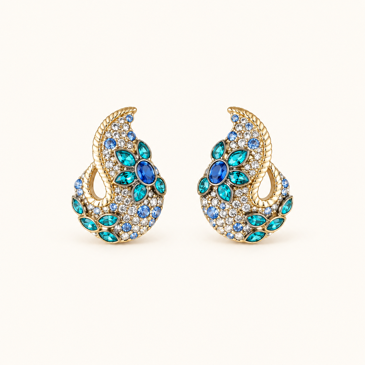 Vintage Blue Crystal Paisley Statement Earrings