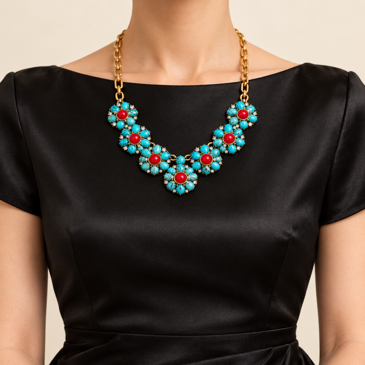 Turquoise & Red Floral Statement Necklace Set