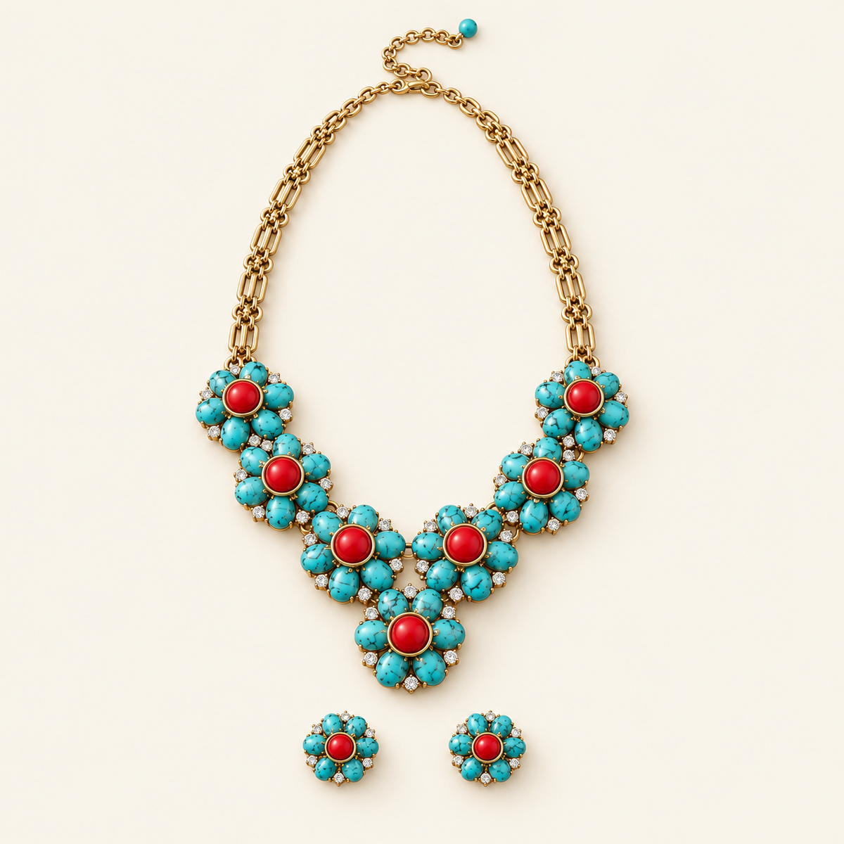 Turquoise & Red Floral Statement Necklace Set