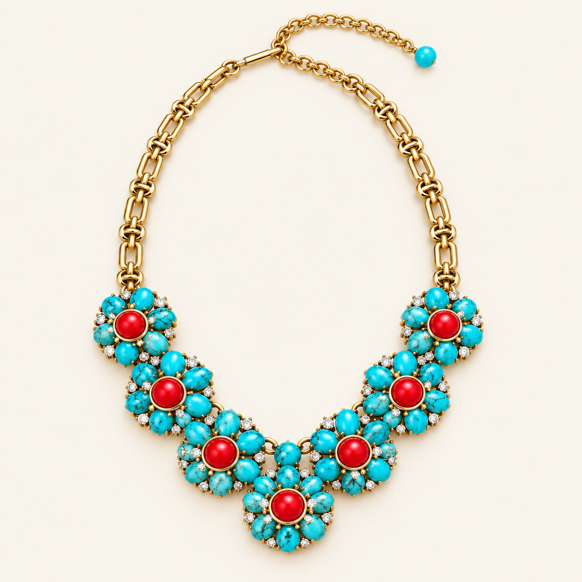 Turquoise & Red Floral Statement Necklace Set