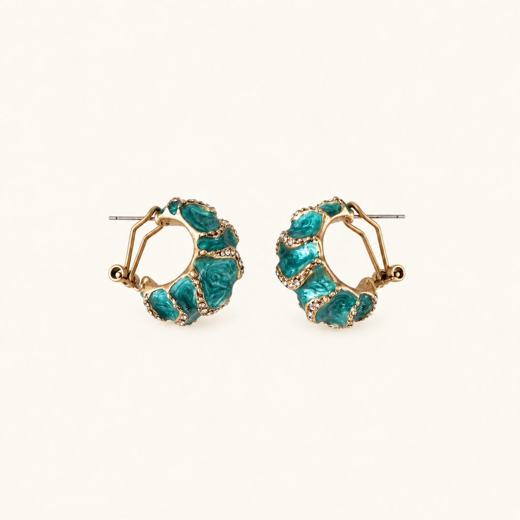 Vintage Aqua Wave Enamel Hoop Earrings
