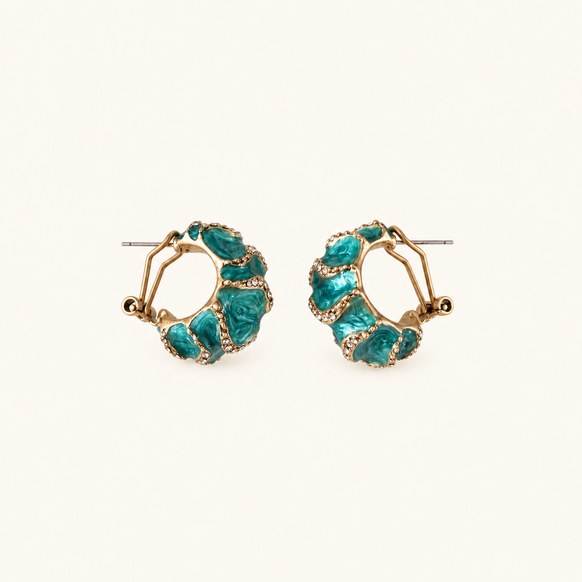 Vintage Aqua Wave Enamel Hoop Earrings