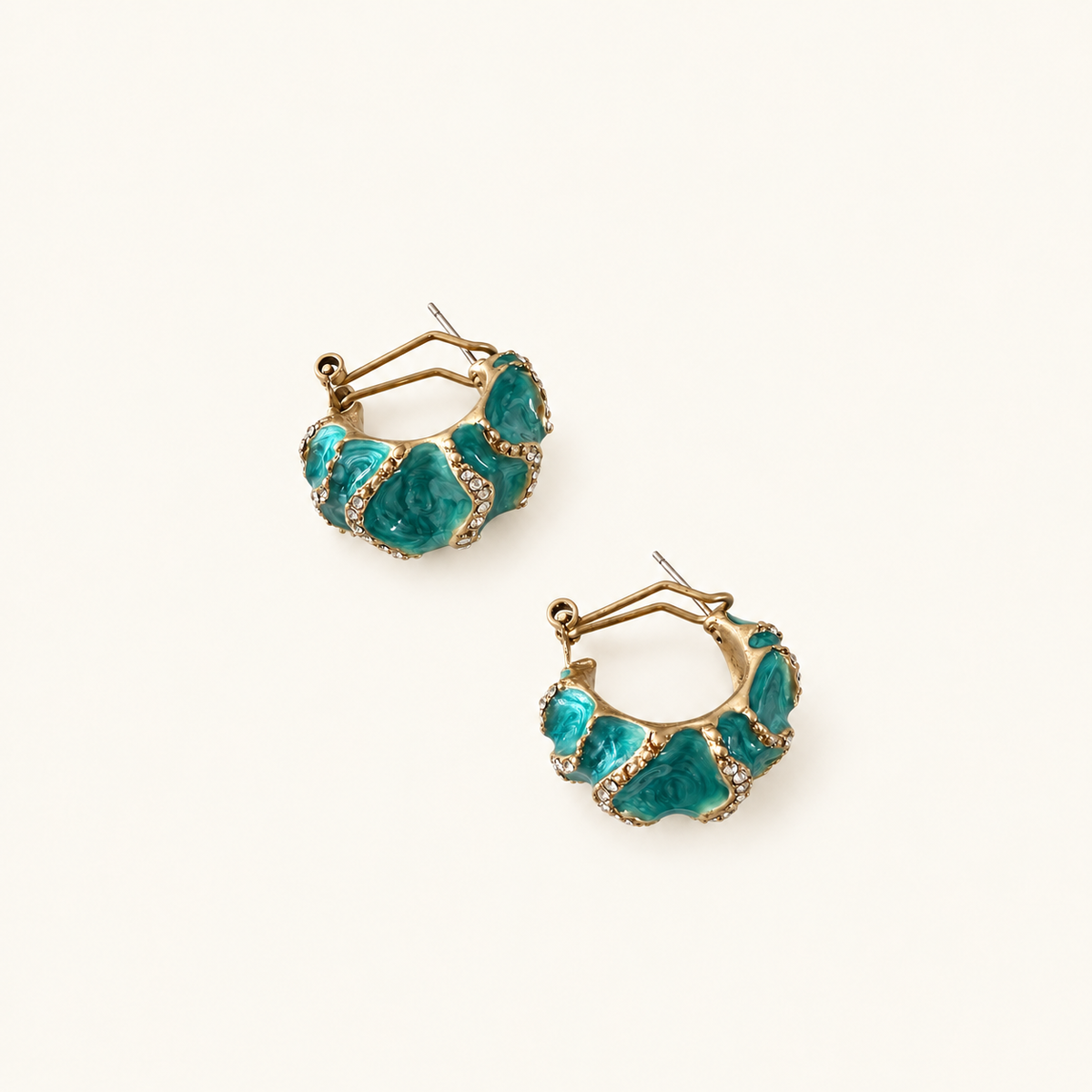 Vintage Aqua Wave Enamel Hoop Earrings