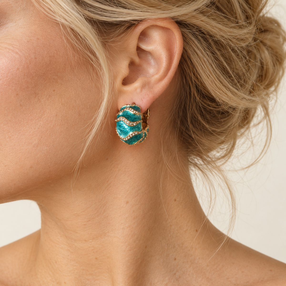 Vintage Aqua Wave Enamel Hoop Earrings