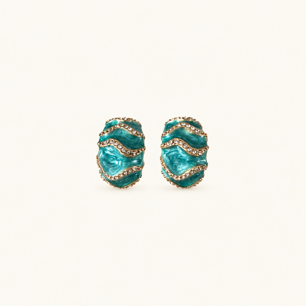 Vintage Aqua Wave Enamel Hoop Earrings