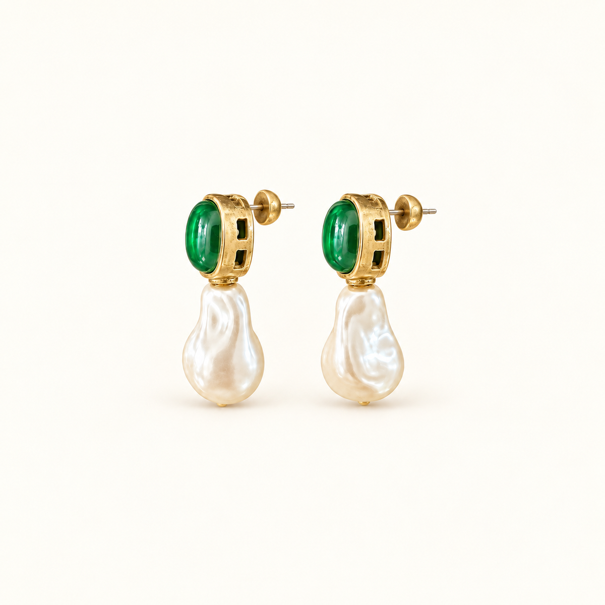 Emerald Green Glass Baroque Pearl Drop Earrings
