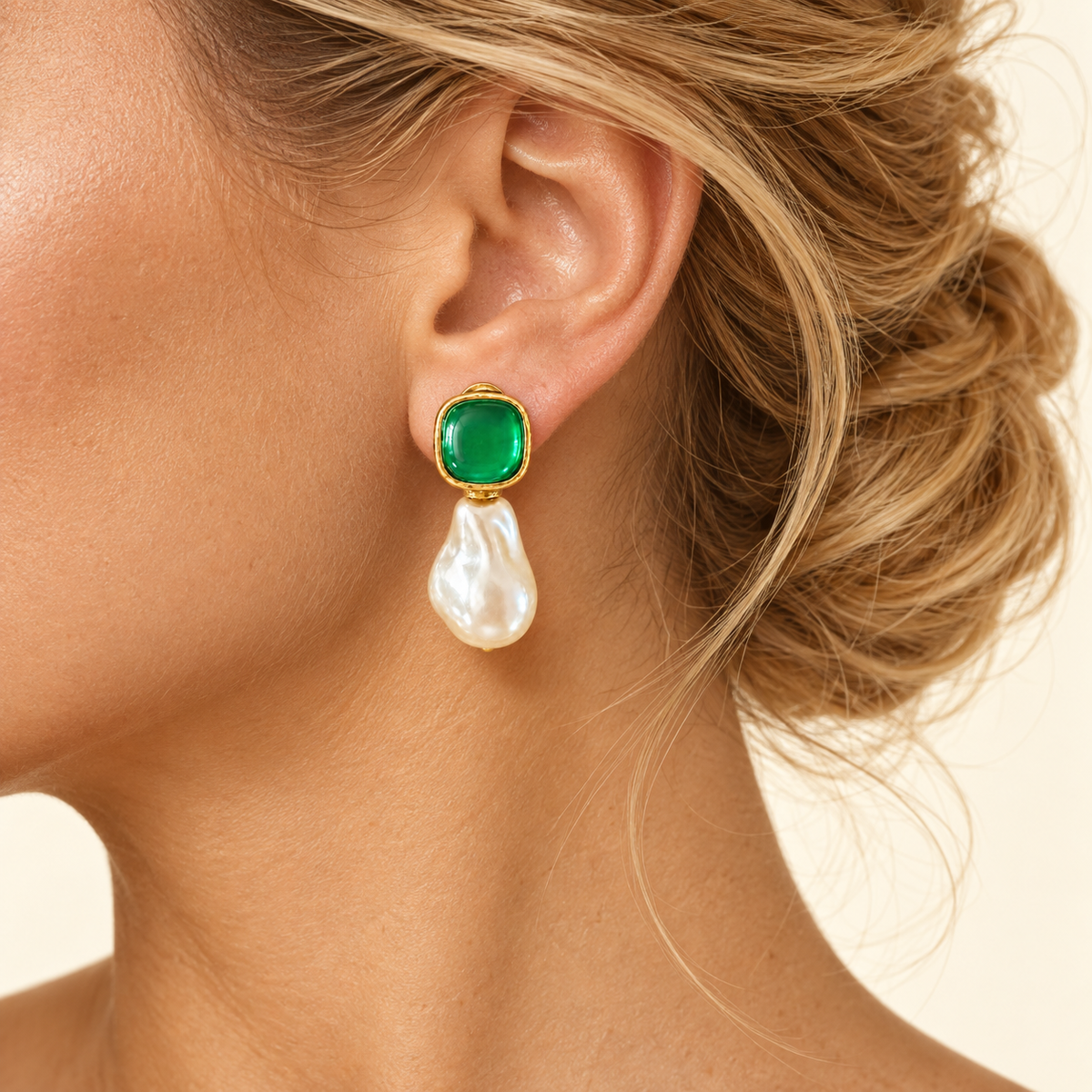 Emerald Green Glass Baroque Pearl Drop Earrings